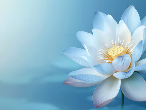A serene light blue lotus flower blossoms gracefully against a soft blue background creating a peaceful and tranquil image perfect for spa or meditation themes.
