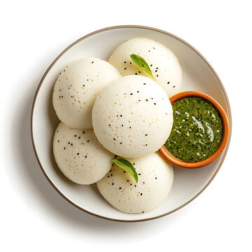Soft and pillowy steamed idli with a smooth white surface light and airy texture inside, isolated white background, modern art style