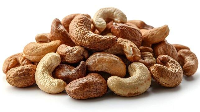 Heap of Roasted Cashews Nuts Isolated on White Background Closeup Detailed Texture