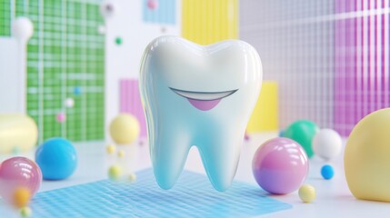 Cartoon tooth in colorful room