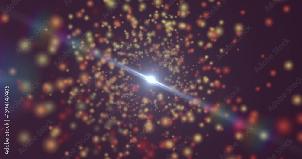 Poster animation of bright light burst with colorful particles in dynamic motion