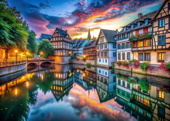 Strasbourg Canal at Twilight A Surrealist Impression of the Ancient Alsatian Cityscape