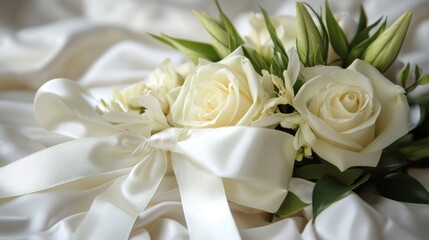 Obraz premium Elegant White Rose and Lily Wedding Bouquet with Silk Ribbon on Draped Fabric