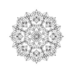A black and white vector illustration of a set of simple floral and flower line art mandala icons. 