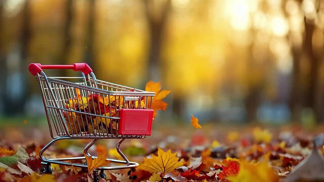 Empty shopping cart surrounded by colorful autumn leaves in a tranquil outdoor setting, Empty shopping cart outdoors with colorful autumn leaves