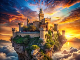 Fototapeta premium Enchanting Spanish Sunset over Castillo de Jerica A Dreamlike Landscape Painting