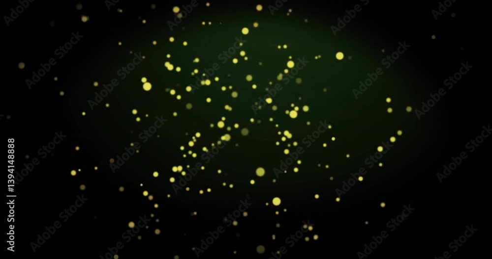 Poster floating yellow particles creating dynamic animation over dark green background