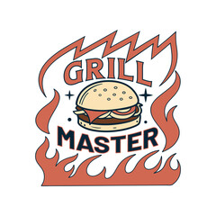 Grill Master Burger Logo with Flames and Bold Text