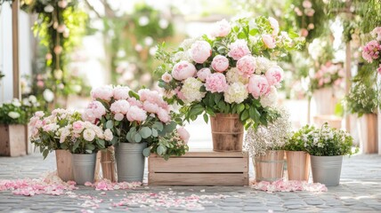 Obraz premium Rustic wooden flower stand overflowing with pink peonies and hydrangeas Generative AI