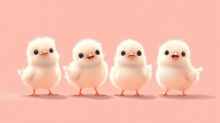 Fototapeta premium illustration of a cute gang of four chicks are playing Fluffy standing proudly on a pastel coral background,adorable 