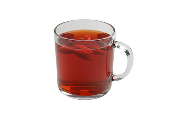 Clear glass mug filled with vibrant red tea and floating petals, isolated
