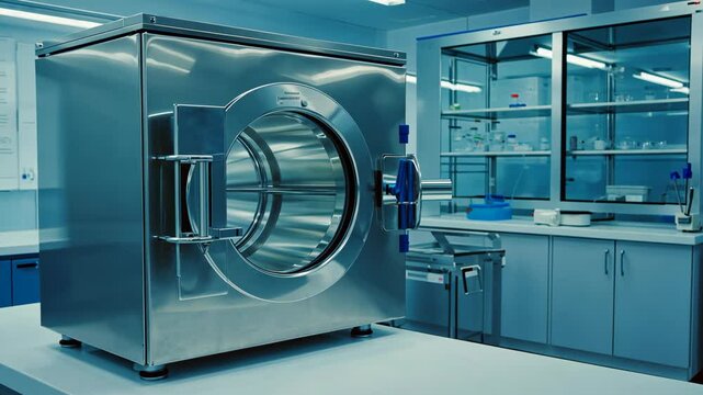 Advanced industrial washing machine in a modern laboratory environment for sterilization processes