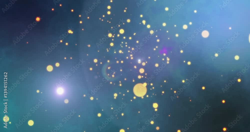 Poster floating glowing particles in blue and purple animation, creating abstract space