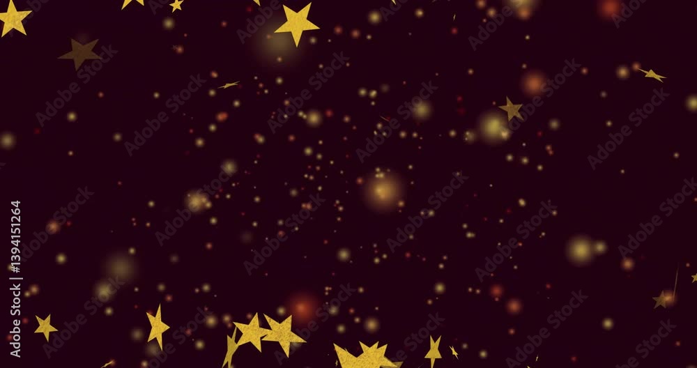 Poster animation of golden stars and glowing particles floating on dark red background