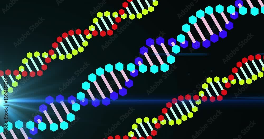 Poster animation of colorful dna strands with hexagonal patterns on dark background
