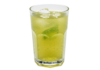 Refreshing green beverage with ice cubes in a clear glass, isolated on white background