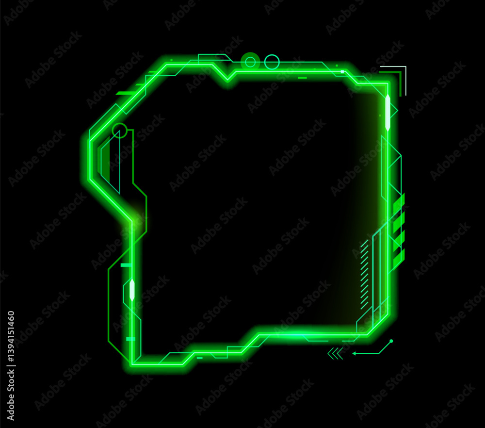 Poster neon green glowing game hud frame asset, interface overlay template. 3d vector futuristic border wit