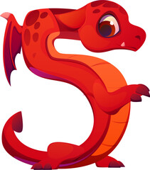 Asian red dragon character font digit 5 five. Fairy animal personage typeface numeral symbol, reptile vector kids ABC type number. Fantasy dragon character mathematics typeface digit or font figure