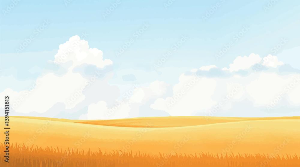 Poster watercolor vector sky with soft clouds over golden fields