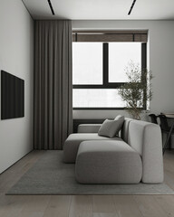 Modern contemporary living room with kitchen and dining room. Luxurious apartment background with contemporary design. Modern interior design with sofa and TV wall. 3D render, 3D illustration.