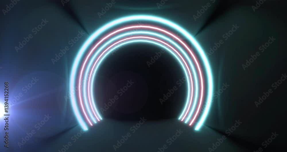 Poster neon arches creating animation tunnel effect in dark space, glowing brightly