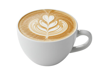 A beautifully crafted latte art in a white cup showcasing intricate designs