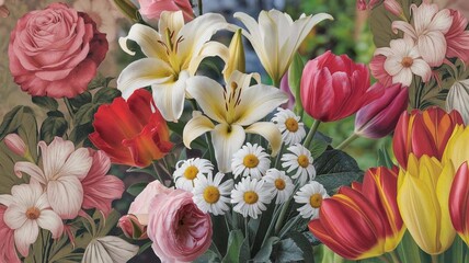 Obraz premium Elegant Realistic Flower Bouquet in a Vase – Roses, Lilies, Daisies, and Tulips