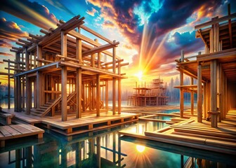 Fototapeta premium Ethereal Timber Structure Floating Beams and Surreal Light in a Wooden Building Under Construction