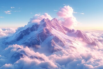 Serene landscape with white clouds, light purple snow-capped mountains, and a gradient sky in pastel colors, minimalist design with high-definition details.