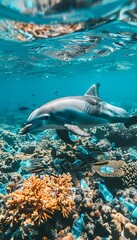 Obraz premium A dolphin glides through pristine coral reefs, emphasizing the need for ocean conservation efforts