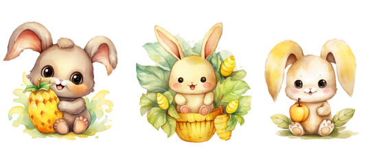 Set of hand drawn watercolor illustration cute rabbit