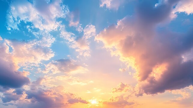 A breathtaking view of a vibrant sky with fluffy clouds illuminated by the golden light of sunset