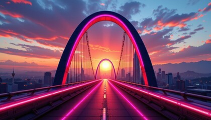 Obraz premium A neon lit bridge leading into a futuristic city with a vibrant sunset overhead.