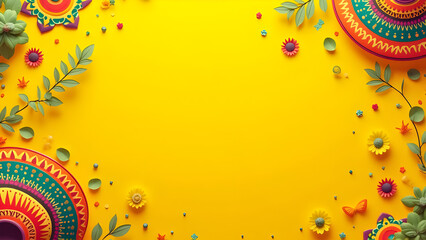 Desert Fiesta Background with Cactus, Colorful Bunting, Sombrero Cinco de Mayo, Mexican Party Invitation, Western Poster Template, Festival Event or Greeting Card Design