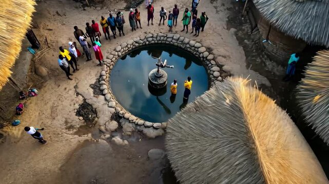 Villagers gather around traditional water pump in Za community during daylight hours, Ground of villagers gathered around water pump in Zambia drone shot