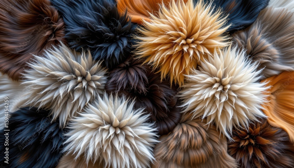Poster an artistic interpretation of fur patterns using a blend of colors and varying shapes.