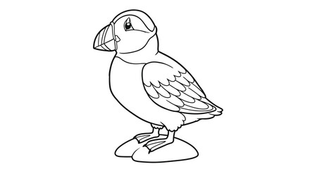 Fototapeta premium Cute Puffin Bird Outline Standing On Small Rock Showcasing Large Beak And Adorable Round Body Seabird Arctic Art