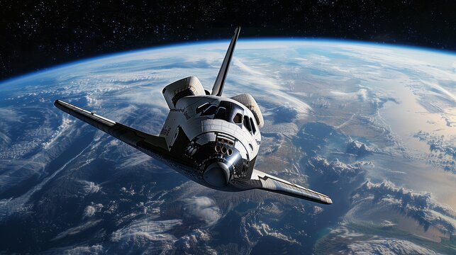 A stunning realistic depiction of a space shuttle orbiting earth amidst the vastness of space