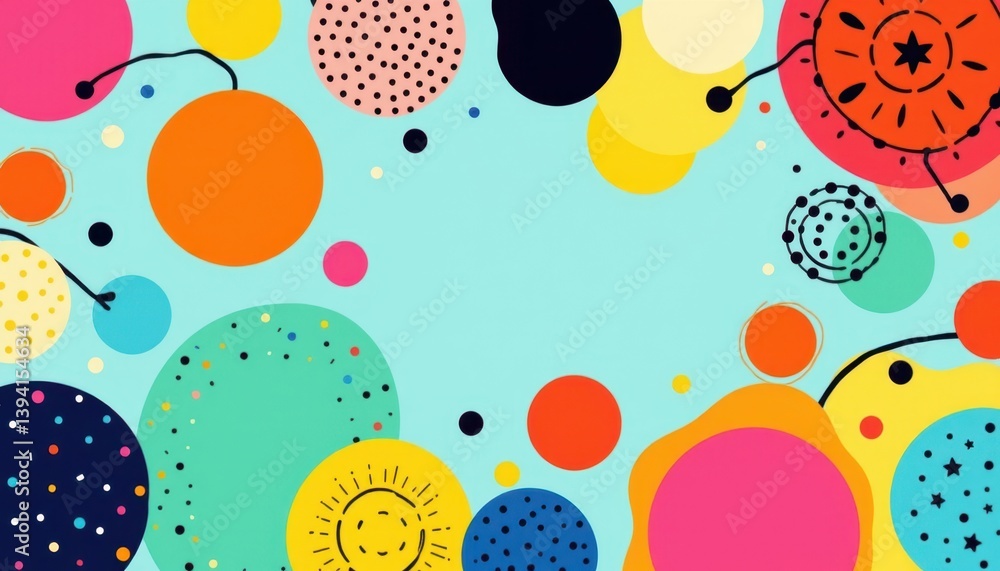 Poster a cheerful background design featuring playful dots and bold, abstract shapes.