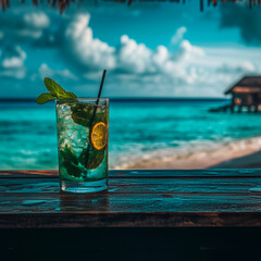 glass of cold mojito and mint leaf standing on bar counter with beach in background