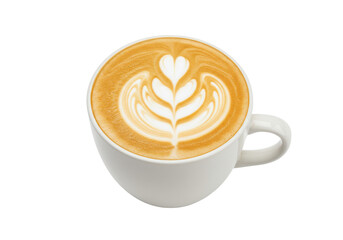 A close-up of a beautifully crafted latte art in a white cup on a clean surface