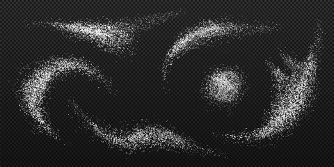 Sugar powder splashes, sweet white crystals swirls and piles set, vector food seasoning. 3d realistic scattered white table beet or granulated cane sugar with grainy textures on transparent background