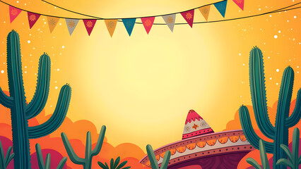 Desert Fiesta Background with Cactus, Colorful Bunting, Sombrero Cinco de Mayo, Mexican Party Invitation, Western Poster Template, Festival Event or Greeting Card Design