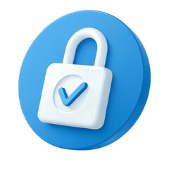 3D Icon of Open Padlock with Checkmark – Blue Circular Background for Security and Access Approval Concept