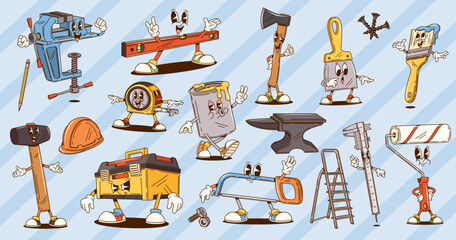Groovy repair, construction and DIY tools characters of cartoon retro hammer, builder toolbox, ruler, paint, brush and roller. Vector groovy axe, tape measure, bench vice and hacksaw tools characters © Vector Tradition