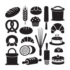Download a high-quality black and white bakery icon set featuring cupcakes, bread, pretzels, pies, and more. Perfect for design, branding, and packaging.