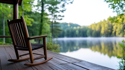 Fototapeta premium Tranquil morning on a porch overlooking a serene lake