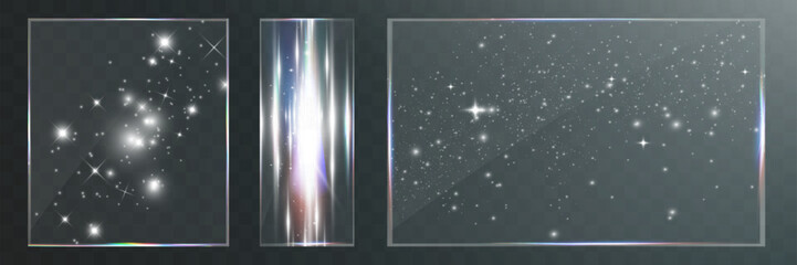 Transparent glass overlays with rainbow glare, prism effect, and glowing light reflections.