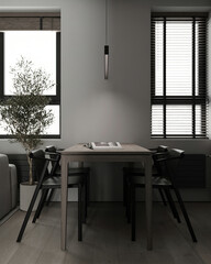 Modern contemporary living room with kitchen and dining room. Luxurious apartment background with contemporary design. Modern interior design with sofa and TV wall. 3D render, 3D illustration.