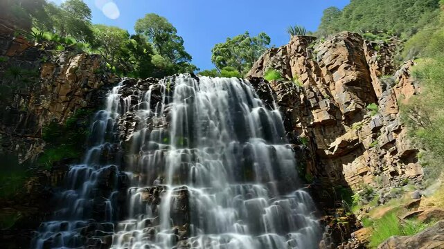 Majestic waterfall cascades down rocky cliffs in Morialta Conservation Park on a sunny day, High waterfall falls from cliff in Morialta conservation park and nature reserve